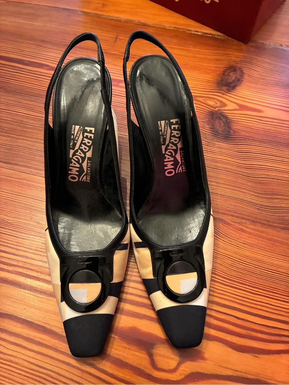 Salvatore Ferragamo Black and Cream Two-Tone Slingback Pumps